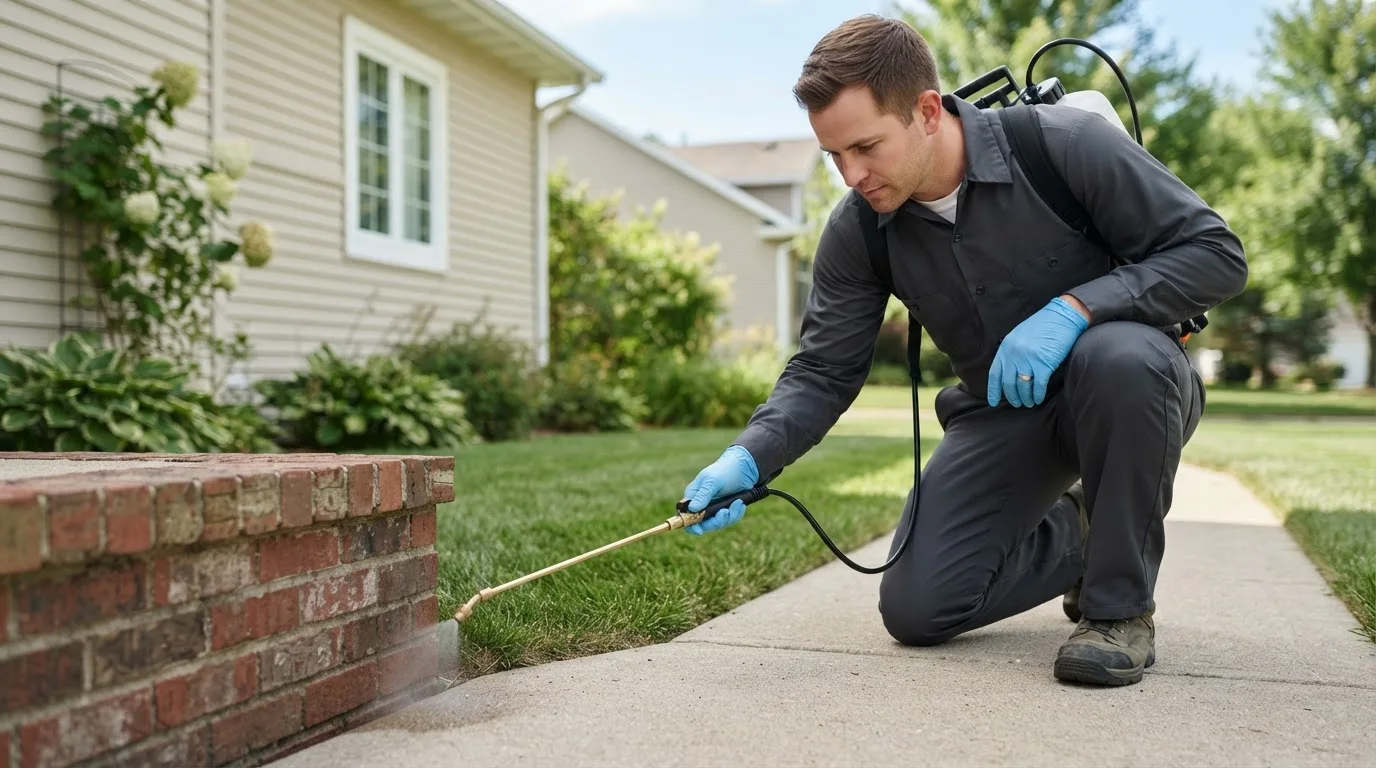 Pest control technician treating a home near Burlington, MI