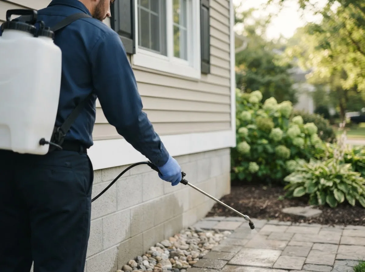Pest control technician inspecting a home in Burlington, MI